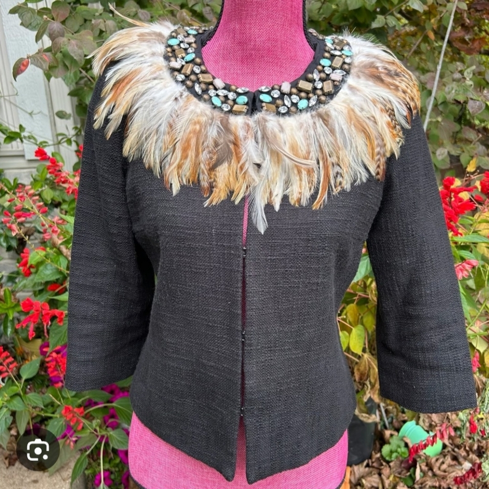BOSTON PROPER Black Jacket with Feather & Rhinestone Embellished Collar SIZE L
